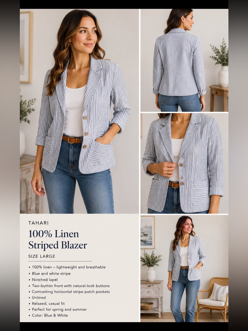 Tahari Striped Linen Blazer